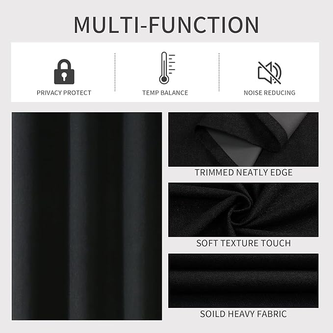 Joydeco Blackout Curtains 108 Inches Long, Extra Long Curtains 108 Inch Length 1 Panel for Bedroom, Thermal Insulated Linen Black Out Curtains with Grommets(100x108, Black)