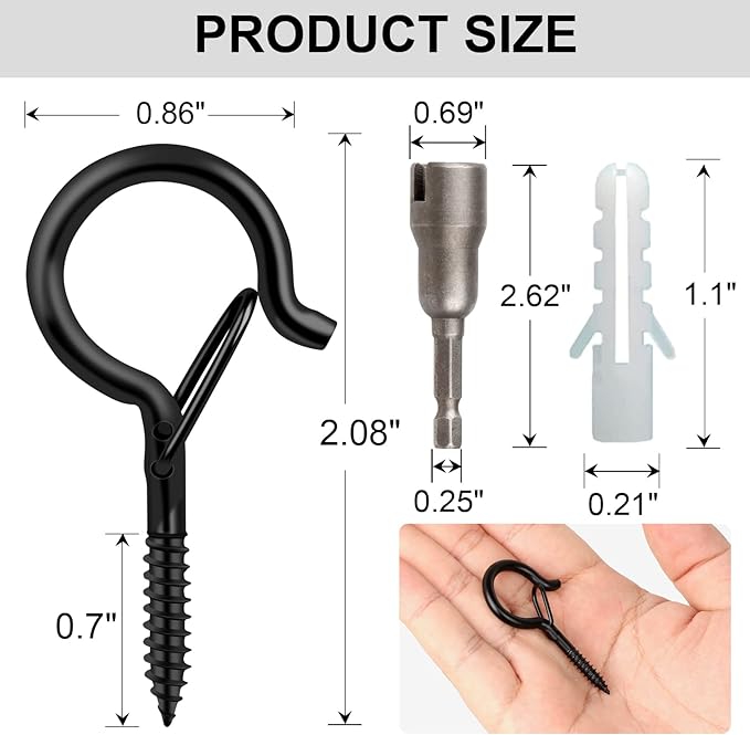 Q Hangers 100 Pack Screw-in Hooks for Outdoor String Lights, Swivel Hanging Basket Patio Hooks with Safe Buckle Screw in Eye Planter Hooks for Wall Ceiling