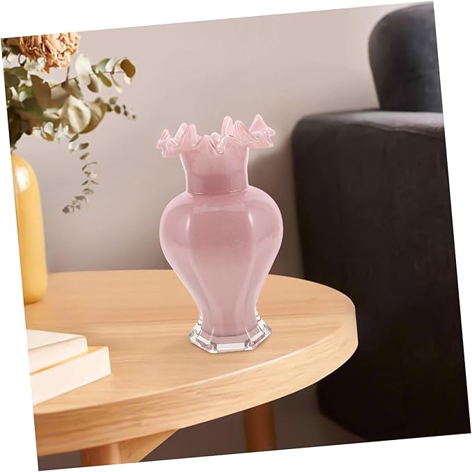 Pearlescent Pink Handblown Glass Vase with Artistic Curved Rim Unique Decorative Flower Display for Home Decor Living Centerpiece Wedding Table Accent