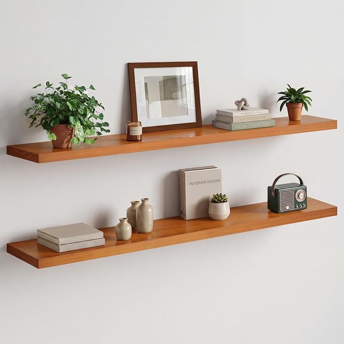 Homeforia Floating 60 inch Oak Shelves, High End Solid Real Wood 60inch Floating Shelf for Wall Mounted, Honey Oak Wooden 60in Large Floating Shelves, Heavy Duty Bracket, 60 X 6.5 X 1.75 in, Set of 2