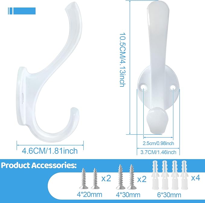 10 Pack Coat Hooks Wall Mount Heavy Duty Utility Retro Double Hooks for Hanging Coats,Hat, Towel, Key, Robe, Scarf, Bag, Cap (White)
