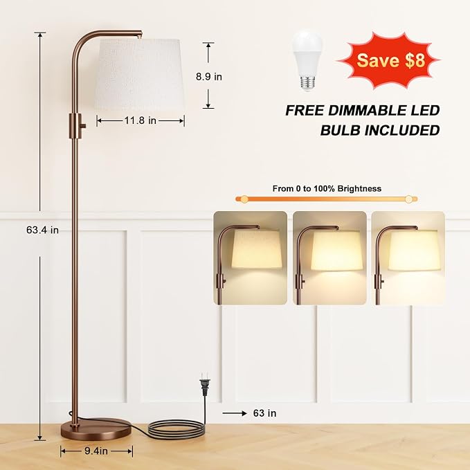 Ambimall Fully Dimmable Floor Lamp with 9W LED Bulb, Standing Lamp for Living Room with Adjustable Head, Modern Tall Light with Rotary Switch for Office, Brown and Beige