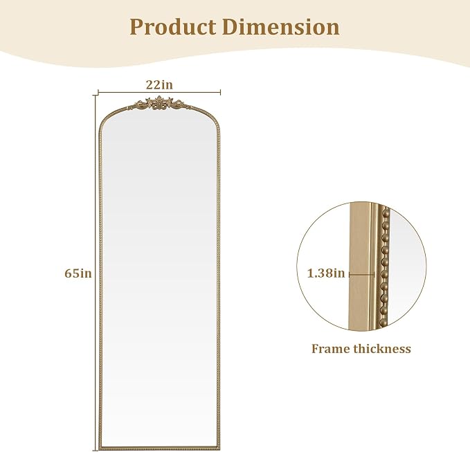 WallBeyond Gold Vintage Full Length Mirror with Stand for Vanity 22x65 Inch, Gold Antique Mirror with Ornate Frame, Arched Vintage for Bathroom, Living Room, Bedroom, Entryway