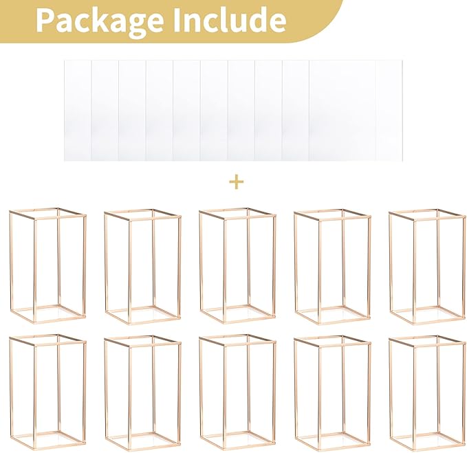 Nuptio Gold Vase for Wedding Centerpieces with Acrylic Panel - 10 Pcs 15¾ inch Tall Vases for Centerpieces for Wedding Gold Vases for Flowers Wedding Tables Home Party Centerpiece Table Decorations