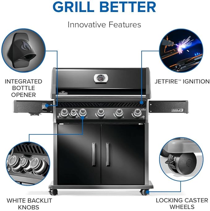 Napoleon Rogue PRO 625 Propane Gas Grill with Infrared Side Burner, Black, Durable 6-Burner Backyard Grill