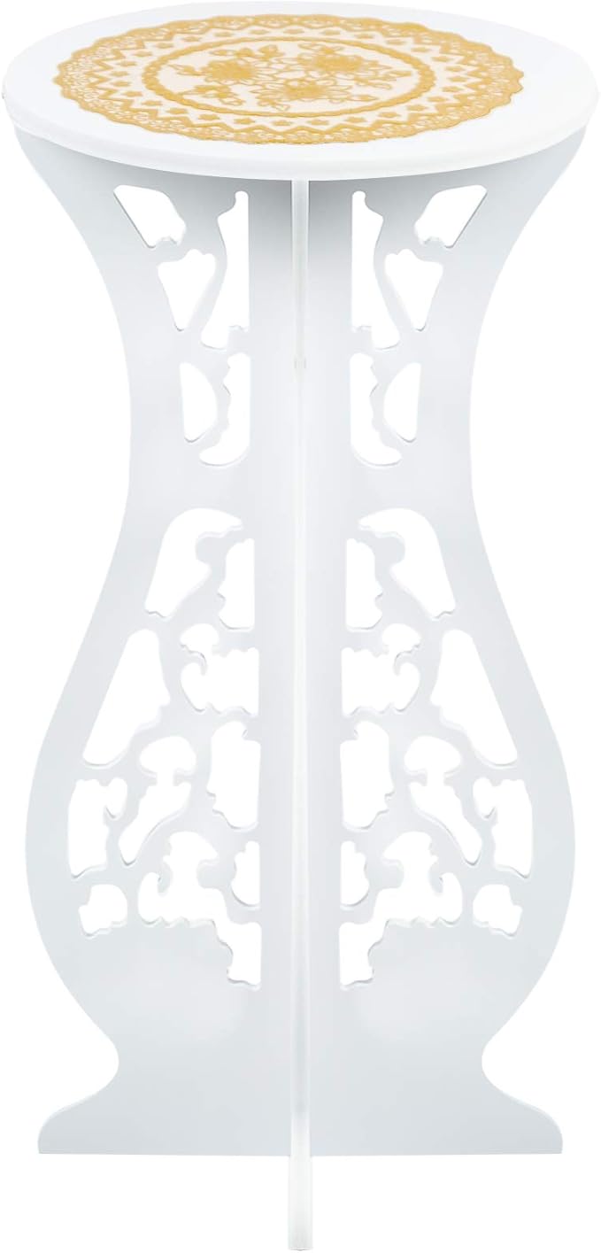 Beautiful White PVC Board Flower Plant and Vase Stand Display with Intricate Carvings and Gold Ornate Floral Nonslip Mat, Waterproof for Indoor and Outdoor Use (16.5" H x 10" W)