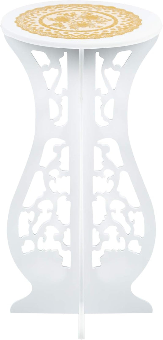 Beautiful White PVC Board Flower Plant and Vase Stand Display with Intricate Carvings and Gold Ornate Floral Nonslip Mat, Waterproof for Indoor and Outdoor Use (16.5" H x 10" W)