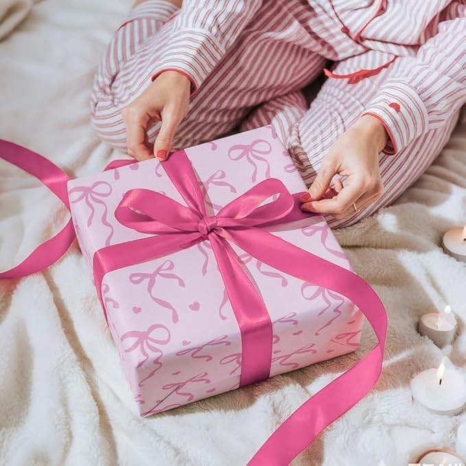 MotiGiftie Pink Wrapping Paper Sheet - 8 Sheets Folded Flat Gift Wrap with Cute Ribbon Bow, Pink Plaid, Stripes and Leaves Design for Girl Baby Shower, Birthday, Wedding - 20 X 28 Inch Per Sheet