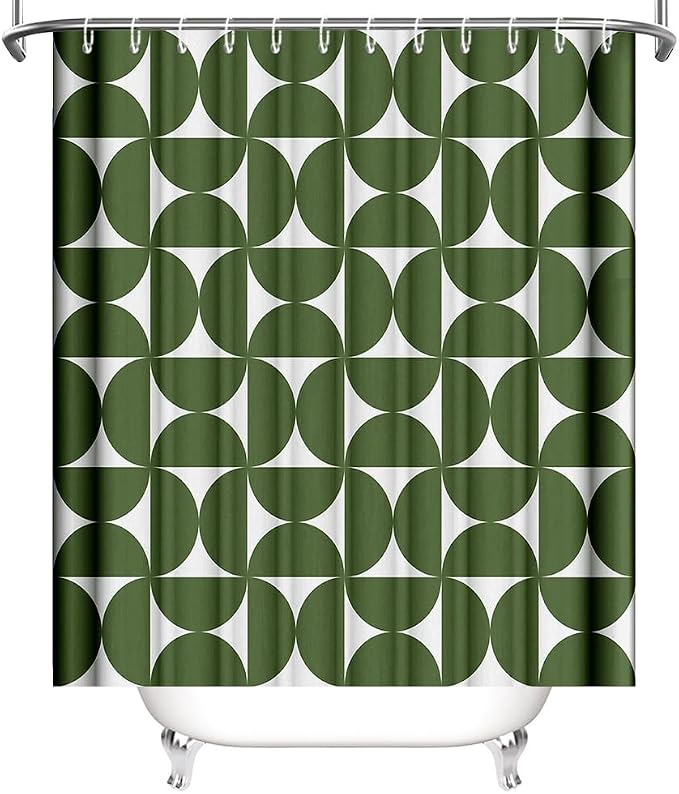 MEHOFOND Vintage Green Shower Curtain Modern Mid Century Abstract Geometric Bathroom Curtain Boho Retro Classic 1950S 60S Bathtub Decor Fabric Waterproof Bath Curtain with 12 Hook 72x72 Inch