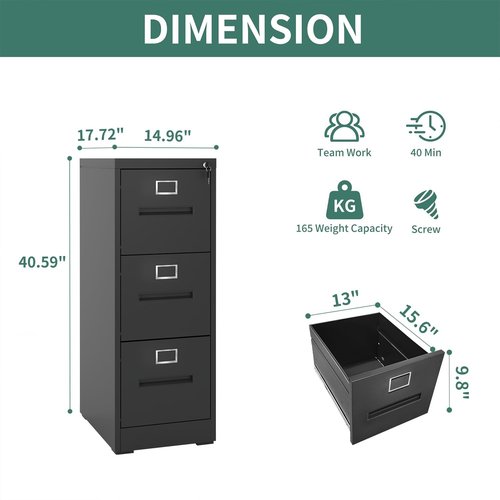 Regine Switzerland 3 Drawer Vertical File Cabinet - Metal Filing Cabinet with Lock for Legal/Letter Size Folders | Anti-Tipping Design, Black