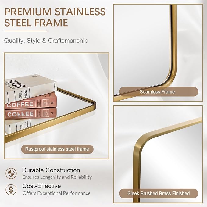 ANDY STAR Brushed Gold Bathroom Mirror 48”X30”, Brass Bathroom Vanity Mirror Rounded Rectangle, SUS304-Anti-Rust Metal Frame Mirror, Wall Mounted Horizontal/Vertical 1’’ Deep
