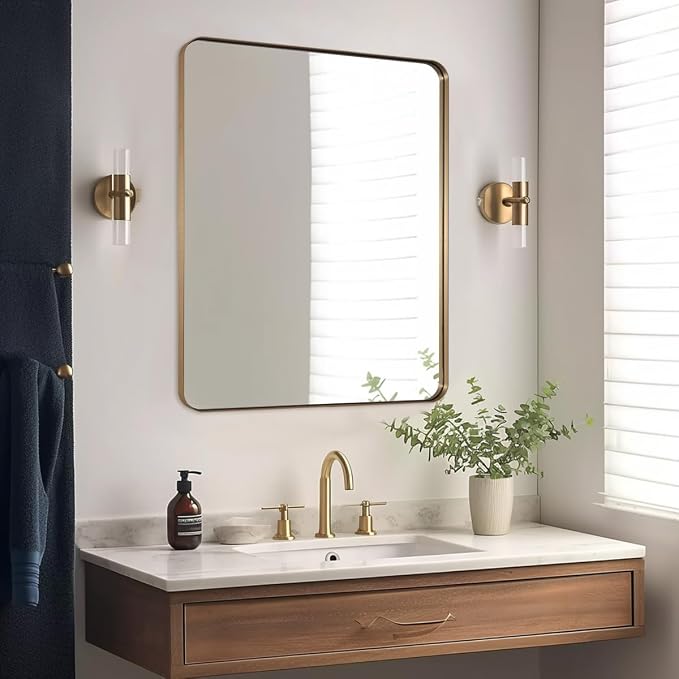 ANDY STAR Gold Bathroom Mirror, 30x36 Brushed Brass Rectangle Mirror for Bathroom, Modern Rectangular Wall Mounted Mirror for Vanity, Crafted of Stainless Steel Metal Frame…
