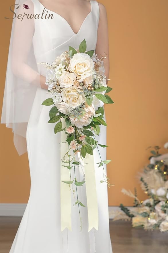 Serwalin 9.8 Inch Wedding Bouquets for Bride Bridesmaid, Champagne Rose Bridal Bouquets for Bride, Wedding Flowers Bouquet Tossing Bouquet, Wedding Ceremony and Anniversary Day Decoration
