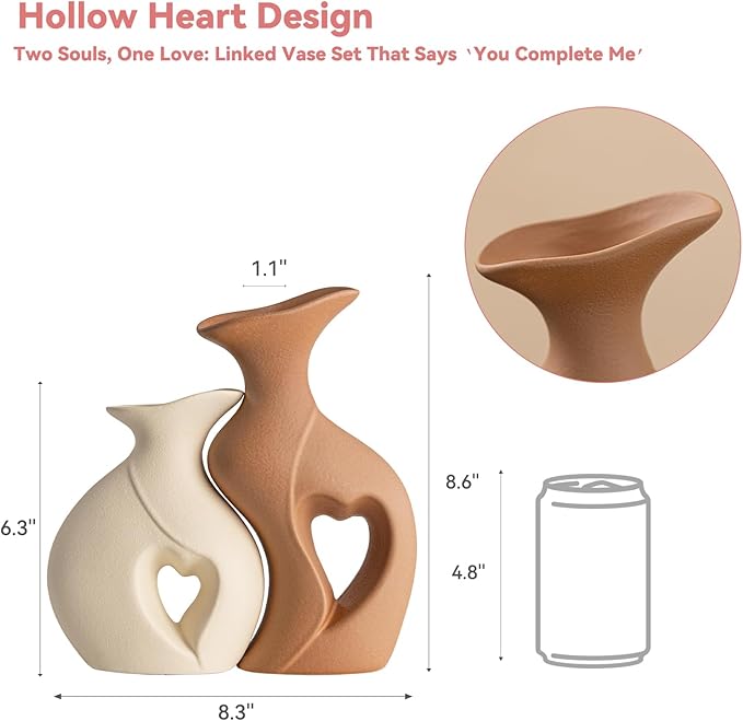 Heart Linked Couple Vase Set - 2-Pcs Beige & Brown Ceramic Vases with Hollow Heart Design, Romantic Gifts for Couples, Wedding Decor for Couple,Decorative Vase for Living Room/Dresser