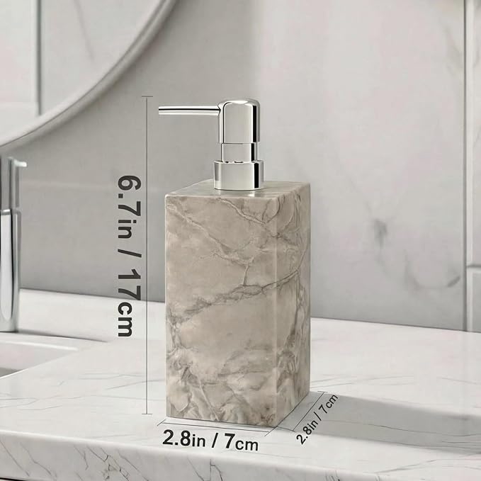 Real Natural Marble Soap Dispenser with Stainless Steel Pump Decorative Liquid Hand Soap Bottle for Kitchen Bathroom, Compatible with Lotion, Dish Soap Shower Gel (Grey 1 Set)