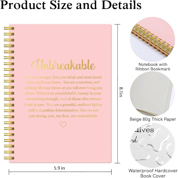 XQLZY Unbreakable Definition Pink Gold Spiral Notebook, Resignation Retirement Promotion Inspirational Gifts for Woman Coworker Boss Friend, Positive Self-Affirmation Gifts for Sister BFF Colleague