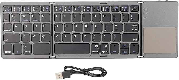 Wisoqu Foldable Keyboard with Touchpad, 3 Folding Wireless Keyboard 63 Keys 10m Connection USB Charging, for iOS for Laptop Tablet Smartphone (Dark Gray)