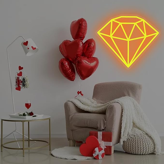 Diamond Neon Sign for Wall Decoration, Glowing Neon Sign, Adjustable Brightness Shining LED Sign Night Light for Man Cave Bedroom, Wedding, Living Room, Party, Bar, Office Decoration-Gold