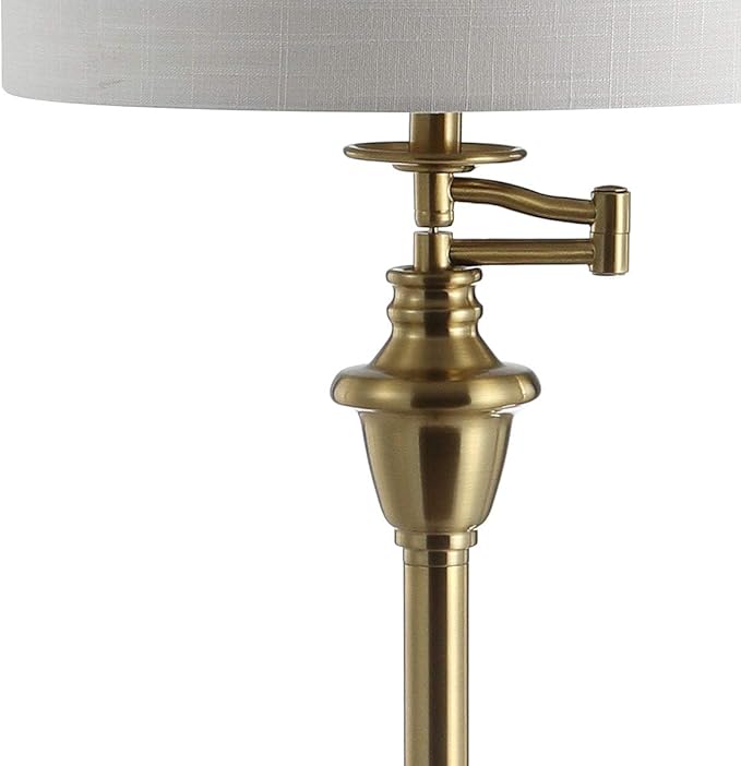 JONATHAN Y 60" Brass Gold Floor Lamp with Integrated Glass Side Table, Modern Swing Arm Standing Lamp for Living Room, White Linen Shade, LED Bulb Included JYL3055A