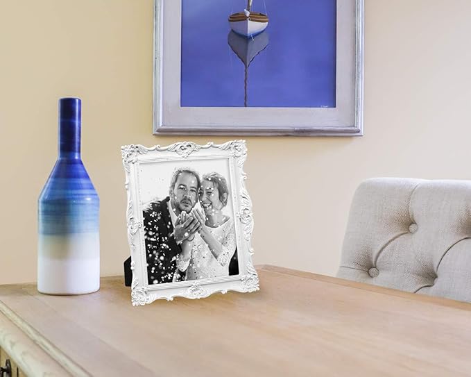 Laura Ashley 8x10 White Ornate Textured Hand-Crafted Resin Picture Frame with Easel & Hook for Tabletop & Wall Display, Decorative Floral Design Home Décor, Photo Gallery, Art, More (8x10, White)