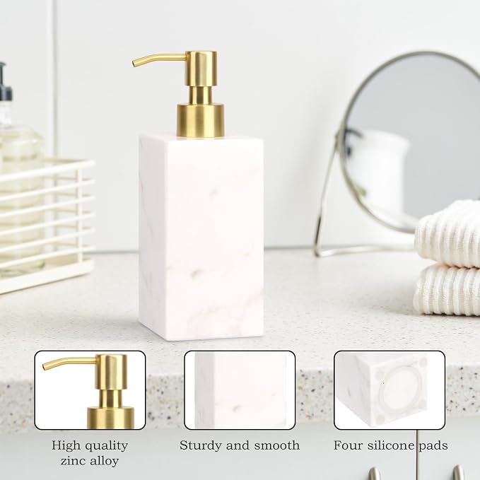 Natural Marble Soap Dispenser for Bathroom and Kitchen Countertop - 5.41 Ounces Hand Lotion and Liquid Stone Shampoo Laundry Bottle with Pump (1, White, Rectangular Bottle)