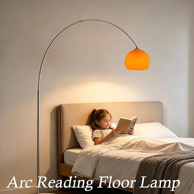 Orange Arc Floor Lamp with Acrylic Shade,Arch Reading Lamp Floor Standing,Mid Century Modern Orange Standing Lamp for Living Room Bedroom