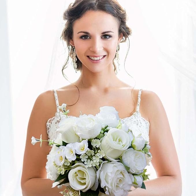 CYANLUX Wedding Bouquets for Bride Bridesmaid Bouquet Champagne White Artificial Roses Flowers for Wedding Valentine's Day Church Home Decoration… (White Rose)