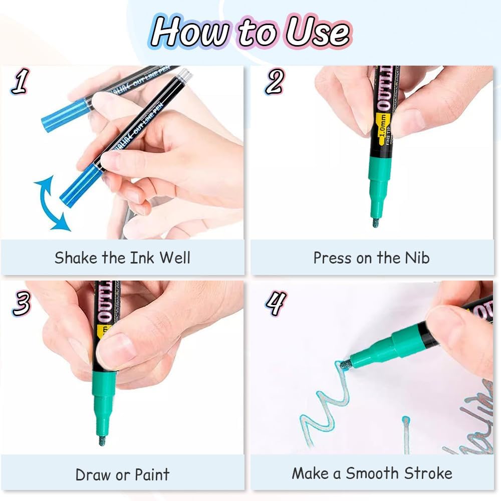 Skiennix Dual-Line Highlighter Marker Set - 12 Metallic Paint Markers for Black Paper & Scrapbooking
