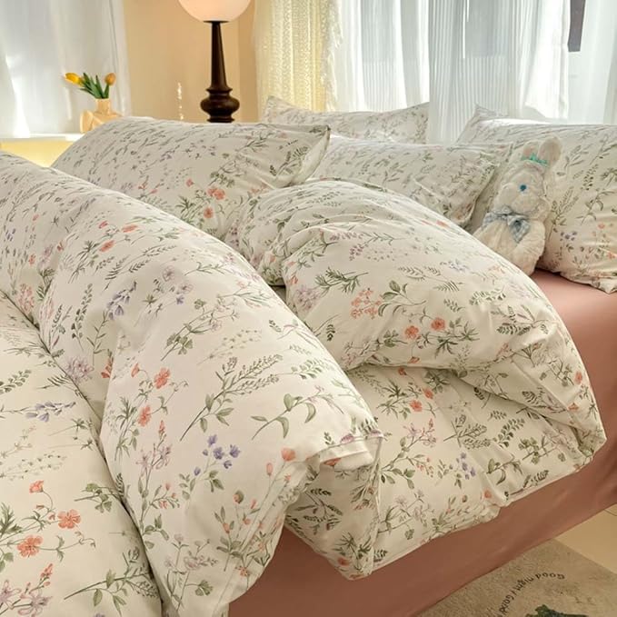 Nayoroom Floral Duvet Cover Twin Size Cottagecore Green Botanical Leaf Flower Spring Duvet Cover 2 Pcs Soft Lightweight Microfiber Pastoral Aesthetic Bedding Set Gift for Women