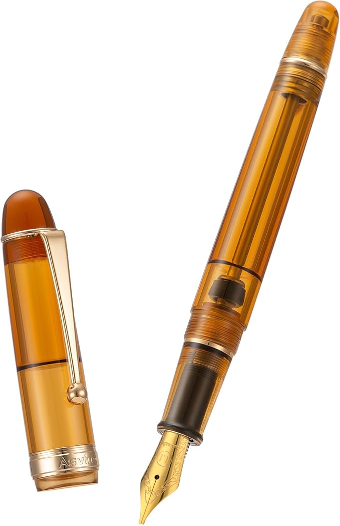 Asvine V126 Vacuum Filling Fountain Pen, Transparent Brown Acrylic Stub Nib 1.1mm Calligraphy Art Drawing with Case Set