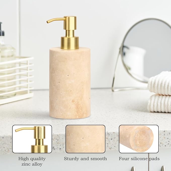 Natural Marble Soap Dispenser for Bathroom and Kitchen Countertop - 5.41 Ounces Hand Lotion and Liquid Stone Shampoo Laundry Bottle with Pump (1, Travertine, Cylindrical Bottle)