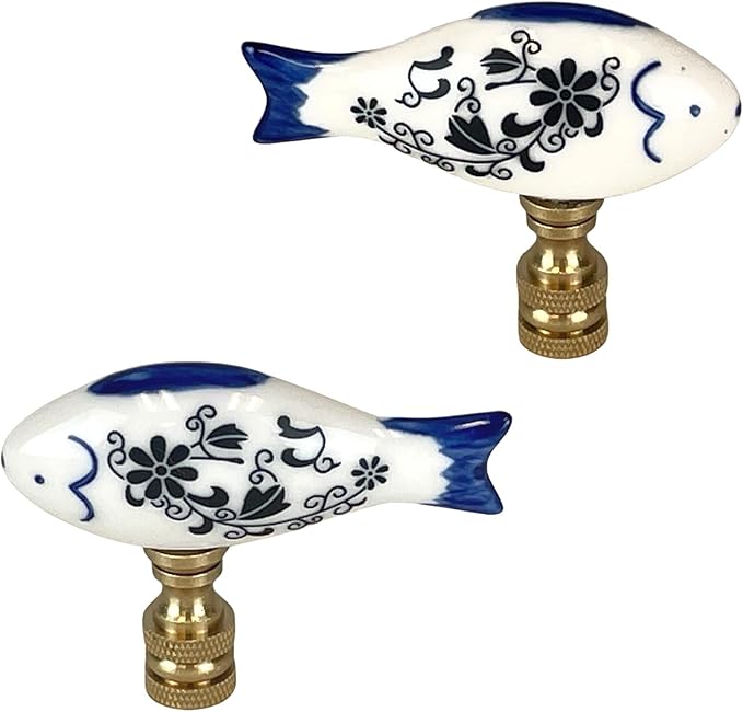 Royal Designs, Inc. Blue & White Porcelain Fish Finial for Lamp Shade, Polished Brass