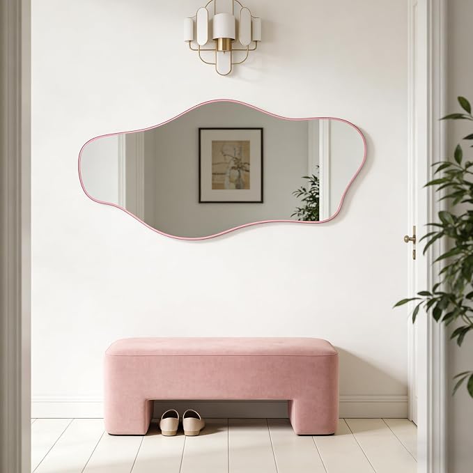 Irregular Tempered Glass Mirror, 47.2"x24" Pink Asymmetrical Aesthetic Wall Mirror, Modern Organic Shape Frameless Mirrors for Entryway Bedroom Living Room, Horizontal or Vertical Hanging