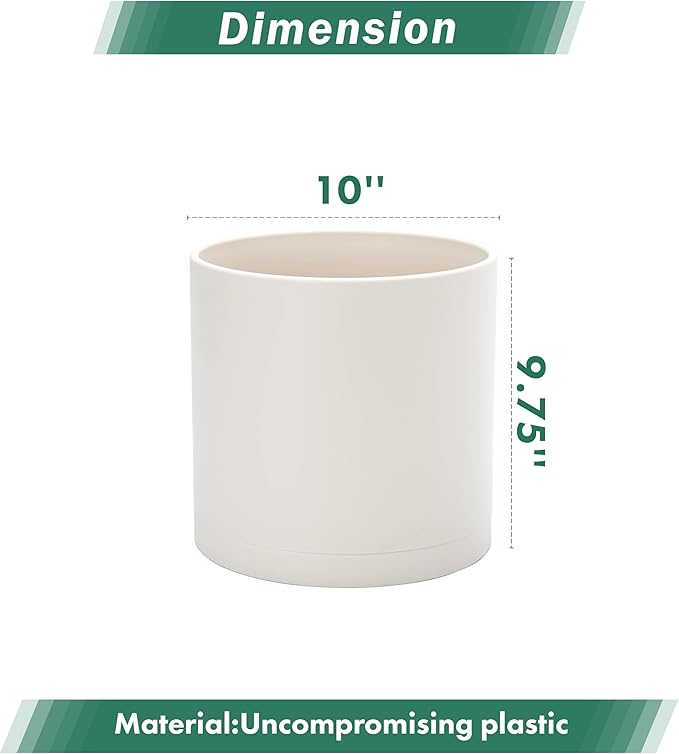 D'vine Dev 10 Inch Plastic Planter Pots for Plant Pot with Drainage Hole and Seamless Saucers, Oatmeal, 74-X-H-2