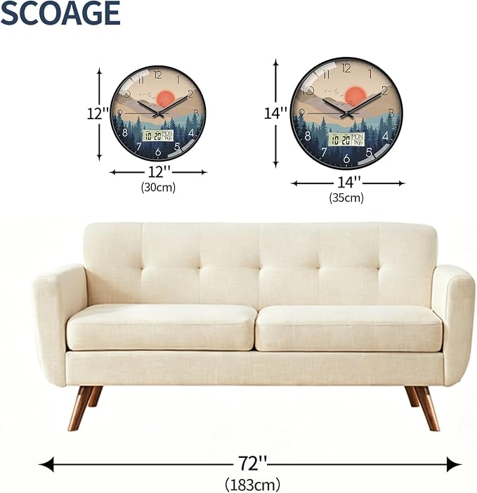 Wilderness Sunset Wall Clock, 14 Inch Silent Non-Ticking Battery Operated Analog Clock with LCD Date Day Temp Display, Decorative for Living Room, Bedroom, Kitchen, Office, Farmhouse, Cabin