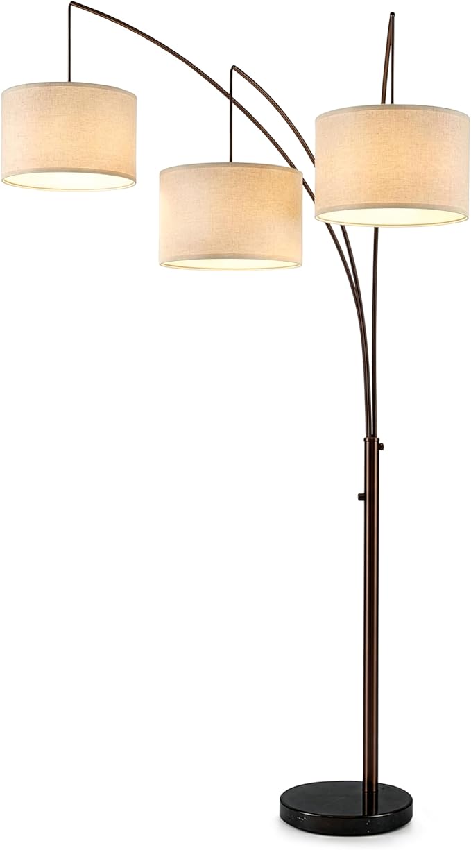 Brightech Trilage Arc Floor Lamp - Large Standing Lamp with 3 Fabric Shades & LED Bulbs for Living Room Over the Sofa, Reading, Multi-Head Traditional Tree Floor Lamp for Bedroom - Oil Rubbed Bronze