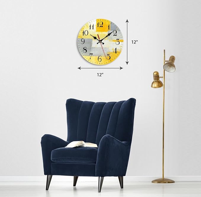 ArtSocket Wooden Wall Clock Silent Non-Ticking, Yellow Grey Abstract Painting Gray Contemporary Art Vintage Round Wall Clocks Decor for Home Kitchen Living Room Office, Battery Operated(12 Inch)