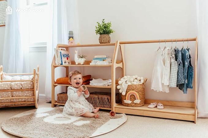WOOD&ROOM Montessori Corner Shelf - 3 Tier Wooden Kids Bookshelf for Toddlers, Book Storage for Classroom, Toy Shelf Organizer, Small Bookshelf for Kids Room, Nursery Montessori Furniture