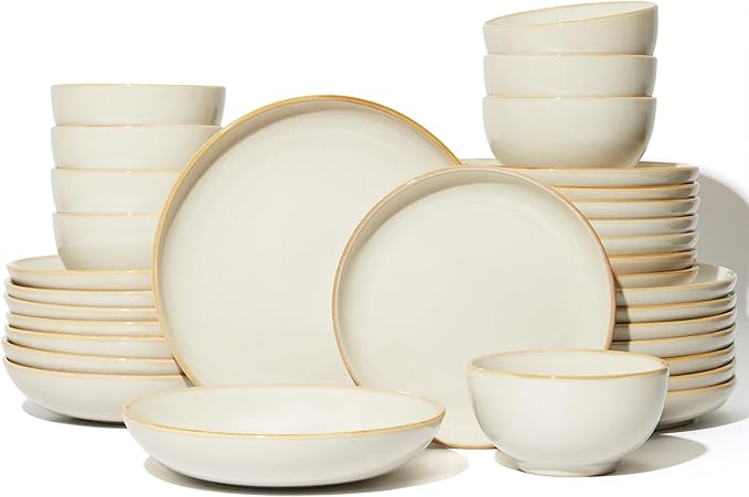 Pokini 32 Piece Double Bowl Dinnerware Sets with Pasta Bowls, Highly Chip and Crack Resistant Plates and Bowls Sets, Natural Earthyware Ceramic Dishware Sets, Service for 8 Yellow White