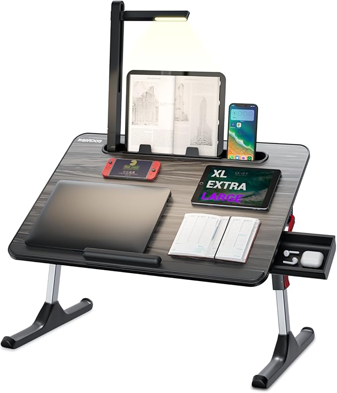 NEARPOW Laptop Desk for Bed with LED Light, Adjustable Foldable Bed Table Lap Desk,Computer Tray Laptop Stand with Book Stand,Wrist Rest, Storage Drawer for Adults Kids Writing Work Study Couch Floor