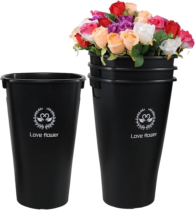 Yuright 16.02 Inch Black Tall Flower Bucket, 4 Pack Floral Display Buckets Plastic, Farmhouse French Flower Bucket with Cutout Handles