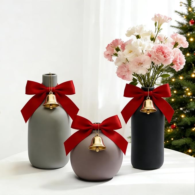 Christmas Ceramic Flower Vases, Modern Farmhouse Neutral-Colored Xmas Gift Decorative Vases for Dried Fresh Flowers, Home Decor for Table，Living Room，Shelf (Set of 3)