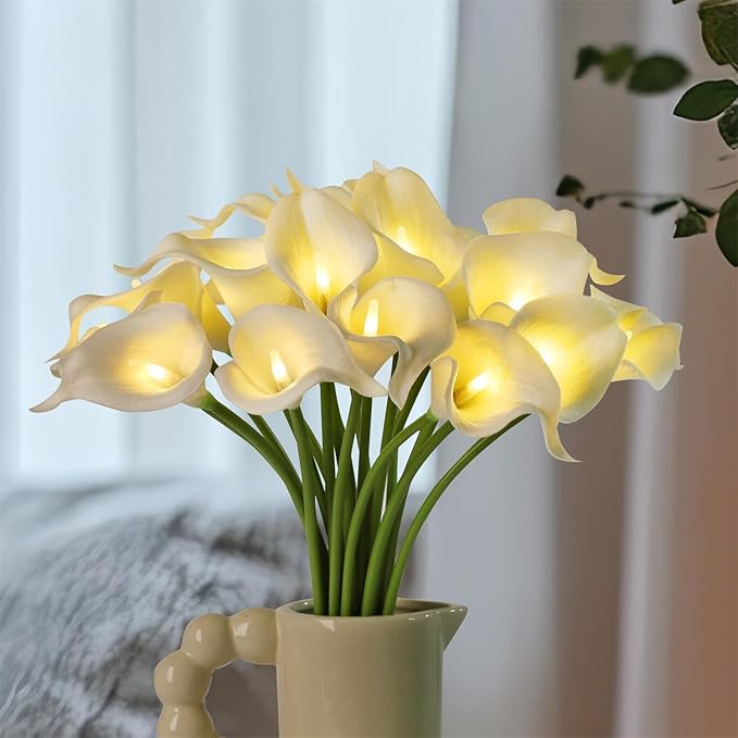 20pcs Lighted Artificial Calla Lily Bouquet Lamp Faux Floarl Night Light Real Touch Flower Night Lamp LED Calla Lily Lighted Artificial Flower for Holiday Gifts Home Kitchen Decor(White)
