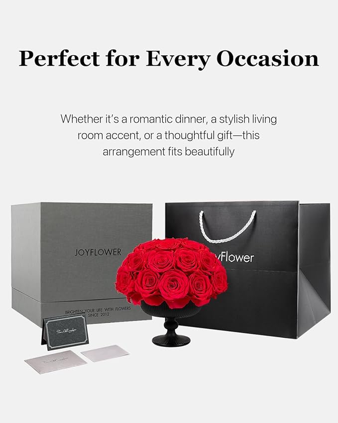 JoyFlower Preserved Flowers Vase Ceramic Decor, Red Eternal Flower Vases for Centerpieces, Forever Flower Decorations for Party Home Wedding Table Living Room Bedroom, Ceramic Flower Vase House Decor