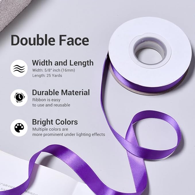 YAMA Double Face Satin Ribbon - 5/8" 25 Yards for Gift Package Wrapping,Floral Design,Hair Bow Clip Making,Crafting,Sewing,Wedding Decor, Purple