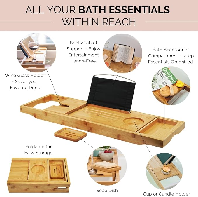 Foldable Bathtub Tray Caddy - Expandable Bath Tray for Tub | Secure, Non-Slip Bathtub Caddy for Tub for Bath Accessories, Self Care Home Spa Gift Set, Relaxing Gifts for Women, New Moms, House Warming
