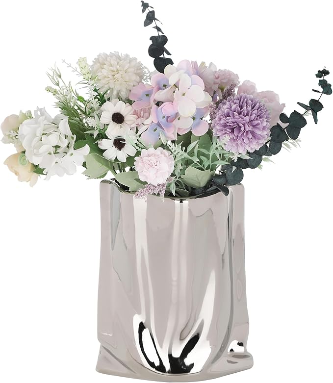 VanEnjoy Large Silver Vase - Wide Mouth, Ceramic Silver Vases for Home Decor