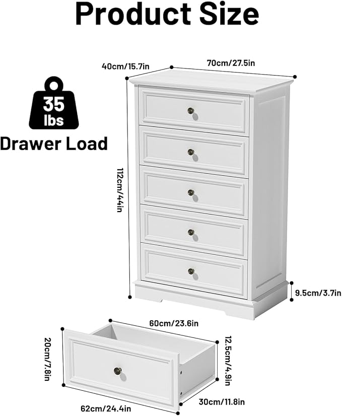 White Dresser for Bedroom, 44" Tall 5 Drawer Dresser, Wooden Chest of Drawers with Large Storage, Vertical Dressers for Closet, Living Room, Hallway