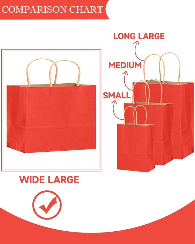 qiqee 13"x4.5"x10" Large Gift Bag with Handles Bulk 32PCS Gift Paper Bags Red Bags Multiple Uses (Wide Large)
