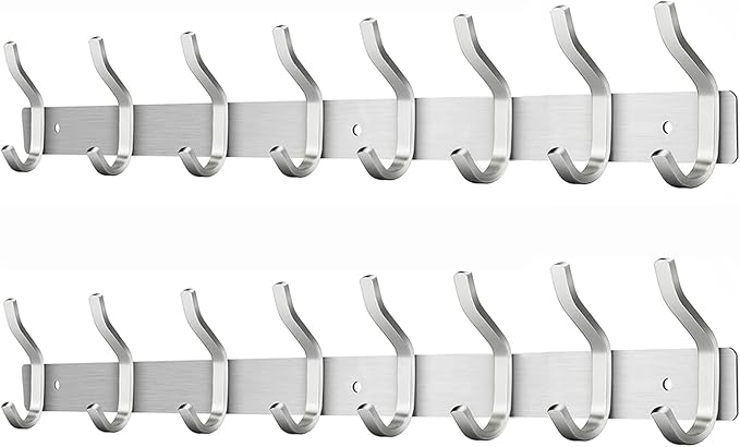 HAMUTH Wall Hooks Heavy Duty, 23 Inch Coat Rack Wall Mount with 8 Hooks, Silver Wall Hooks Hangers for Entryway, Bathroom - for Hanging Backpack, Bag, Coat, Purse, Hat, Towel, Clothes,2 Packs